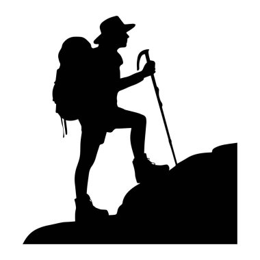 Sırt çantalı bir yürüyüşçü silueti ve kayalık bir yamaca tırmanan bir yürüyüş direği.