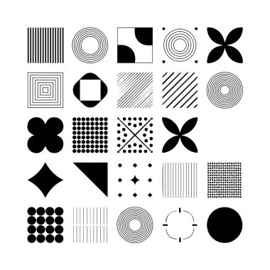 Beyaz arkaplanda siyah geometrik şekiller ve desenler koleksiyonu