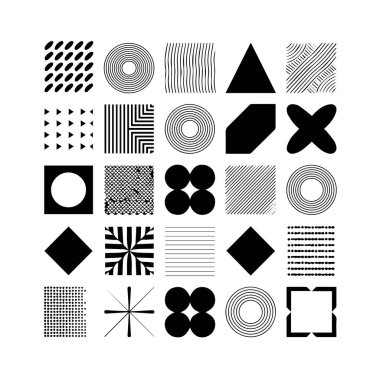 Beyaz arkaplanda siyah geometrik şekiller ve desenler koleksiyonu