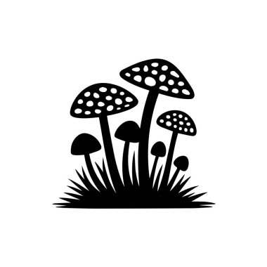 Beyaz arka planda otların içinde büyüyen kara sineksi mantar silueti.