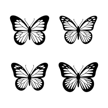 Beyaz arka planda dizilmiş dört siyah beyaz kelebek silueti.