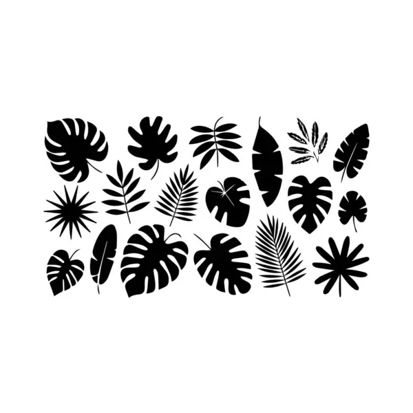 Beyaz arka planda siyah siluet tropikal yapraklar ve bitkiler koleksiyonu