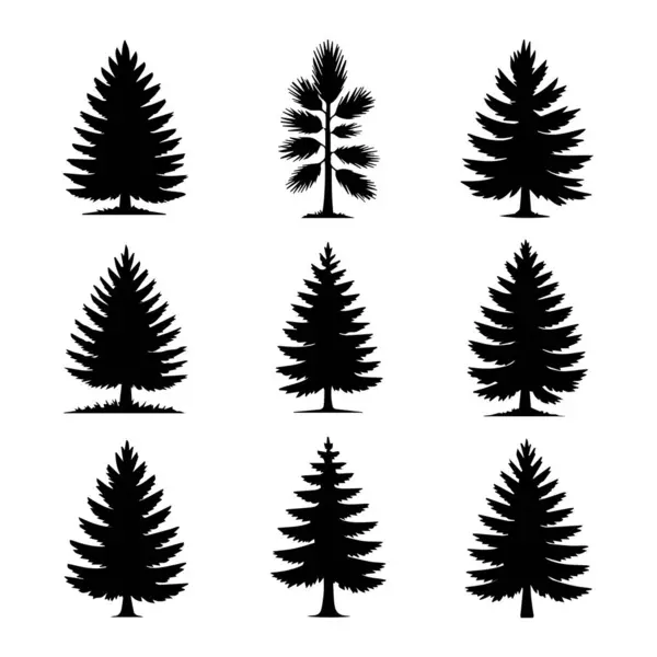 Beyaz arka planda dokuz siyah çam ağacı silueti koleksiyonu