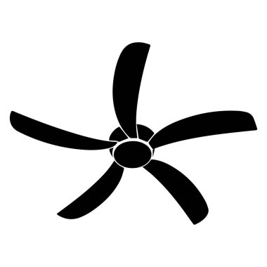 Beyaz arka planda, modern beş bıçaklı tavan vantilatörünün siyah silueti.