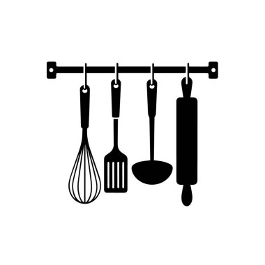 Mutfak aletlerinin siyah silueti askıda asılı.