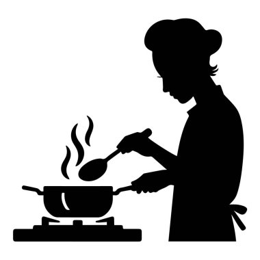 Şapkalı bir şefin silueti ocakta yemek pişiriyor.