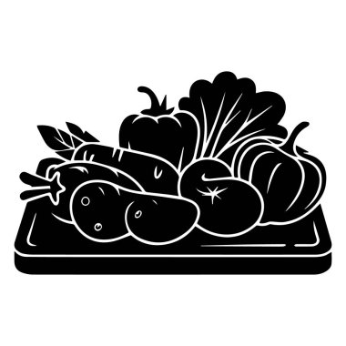 Kesme tahtasına yerleştirilmiş çeşitli taze sebzelerin şekillendirilmiş siyah-beyaz çizimi