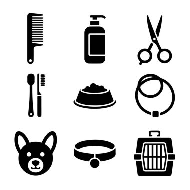 Dokuz siyah beyaz hayvan bakım ikonu koleksiyonu. Yiyecek ve aksesuarlar dahil.
