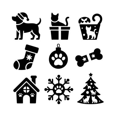 Köpeklerin, kedilerin ve pati izlerinin siluet tarzında olduğu şenlikli Noel simgeleri koleksiyonu