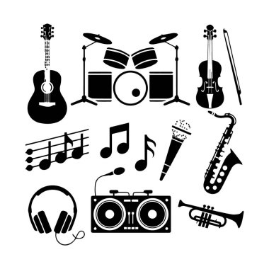 Beyaz arkaplanda siluetli müzik aletleri ve sembolleri koleksiyonu