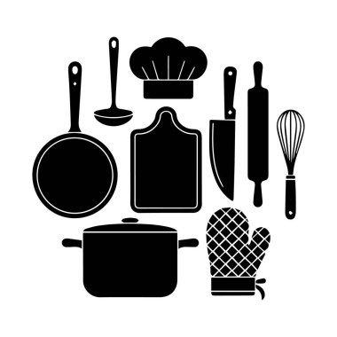 Siyah siluet mutfak aletleri ve aşçı şapkası koleksiyonu beyaz arka planda daire şeklinde dizilmiş.