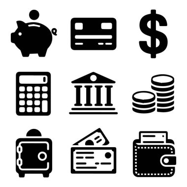 Tasarruf kredi bankacılığı ve zenginlik yönetimi kavramlarını temsil eden finansal simgelerin toplanması