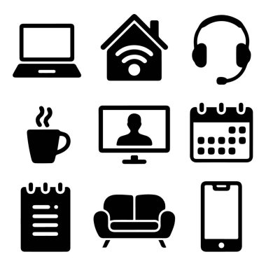 Modern ev ofisini temsil eden siyah simgelerin toplanması ve dijital iletişim ve üretkenlik için uzak çalışma gereksinimleri