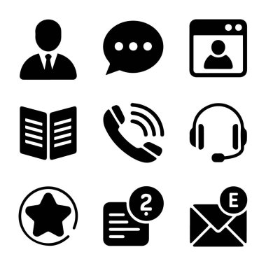 Müşteri hizmetleri desteği ve çevrimiçi etkileşimi temsil eden dokuz siyah iletişim ve iletişim simgesi koleksiyonu