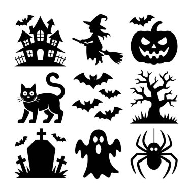 Hayalet cadılar bayramı siluetleri koleksiyonu içinde perili bir cadı, balkabağı kara kedi yarasalar ölü mezar taşı hayaletleri ve örümcek de var.