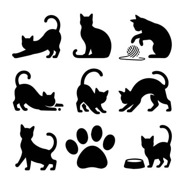Dokuz siyah kedi silueti koleksiyonu çeşitli eğlenceli ve dinlendirici pozlarda bir pençe izi ve yemek kasesi ile