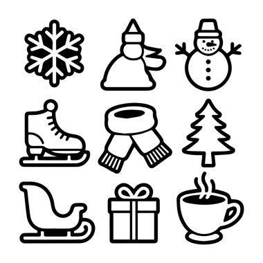Kar taneleri, buz pateni eşarpları, kızak hediyeleri ve sıcak içecek içeren basit kış tatili simgelerinin toplanması.