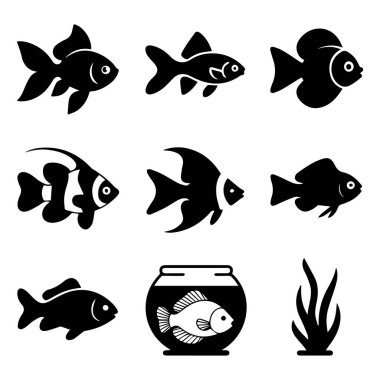 Çeşitli akvaryum balıklarının siluetleri ve su bitkileriyle dolu bir akvaryum kasesi koleksiyonu.