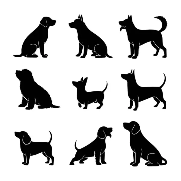 Beyaz arka planda çeşitli pozlarda dokuz siyah köpek silueti koleksiyonu
