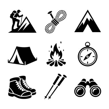 Açık hava maceralarını ve kamp faaliyetlerini temsil eden siyah beyaz vektör simgelerinin toplanması