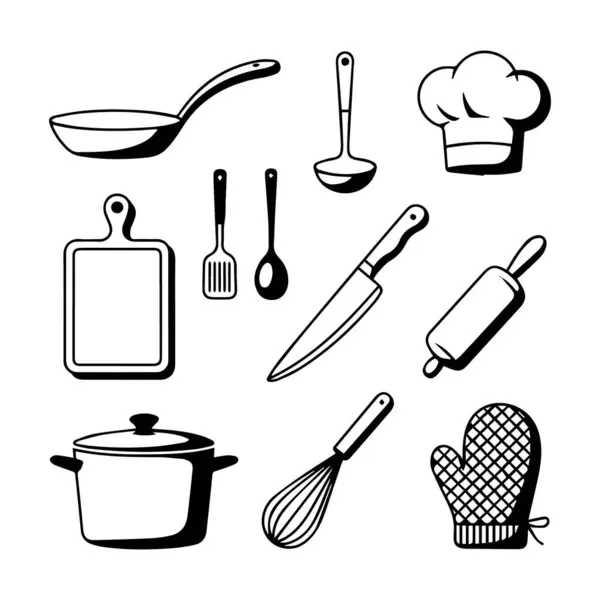 Elle çizilmiş mutfak gereçleri ve aşçılık ve yemek hazırlama araçları koleksiyonu