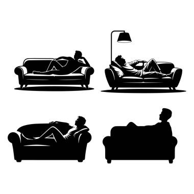 Rahat bir koltukta, yaşam tarzı veya iç tasarım temalarına uygun bir şekilde rahat bir şekilde duran bir kişiyi tasvir eden biçimlendirilmiş bir vektör çizimi.
