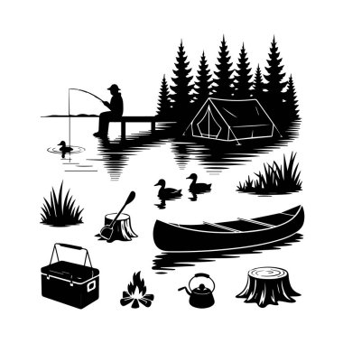 Kano çadırı ve vahşi yaşam unsurlarıyla kırsal doğa kampı ve balıkçılık sahnesi