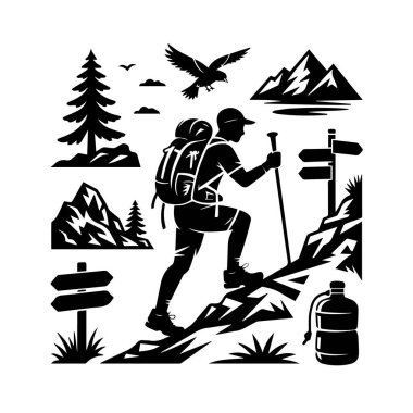 Sırt çantası ve yürüyüş direkleriyle dağ yolundan yükselen bir yürüyüşçünün silueti.