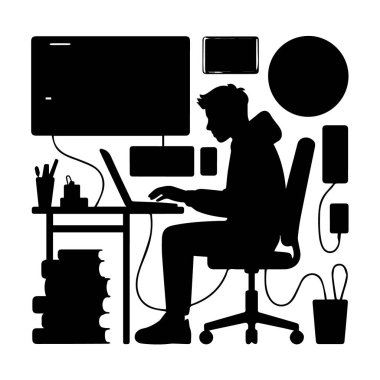 Bilgisayarda birden fazla ekranı ve ofis malzemesi olan bir kişinin silüeti.