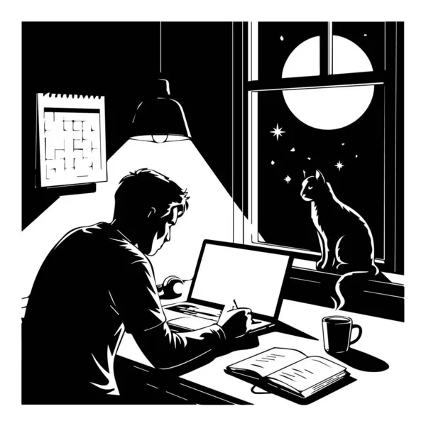 Gece geç saatlere kadar bilgisayarda çalışan bir adam ve dışarıda ayı izleyen bir kedi.
