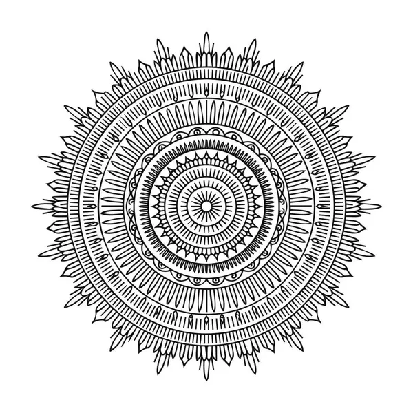 Radyal simetri ve detaylı desenlere sahip karmaşık siyah-beyaz mandala tasarımı