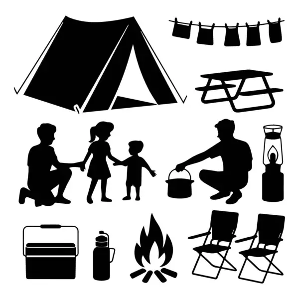 Siluet kamp malzemeleri koleksiyonu ve açık hava maceraları için aile aktiviteleri.