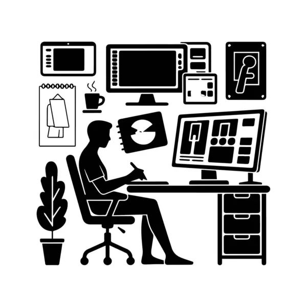 Birden fazla bilgisayar monitörü ve tasarım araçları olan bir masada çalışan bir grafik tasarımcısının silueti