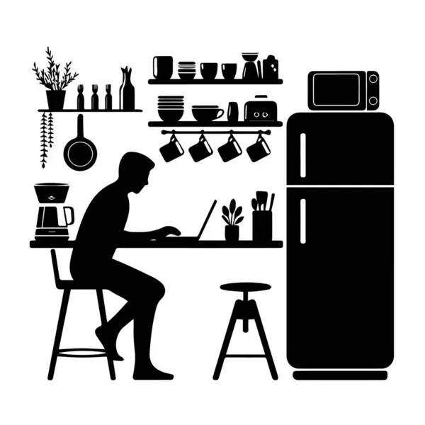 Bilgisayarda çalışan bir kişinin silüeti. Mutfaktaki bir buzdolabının yanında.