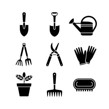 Kürek, budama, eldiven, su kovası, tırmık, bitki ve fırça gibi çeşitli bahçe aletlerini temsil eden siyah siluet simgelerinden oluşan bir koleksiyon..