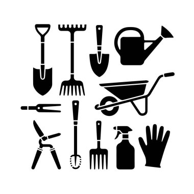 Kürek, tırmık, su kovası, el arabası, kuru erik ve eldiven gibi çeşitli bahçe aletlerinin grafik bir temsili..