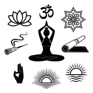 Yogayı, meditasyonu, maneviyatı ve refahı temsil eden siyah ve beyaz grafik çizimlerinin bir koleksiyonu..