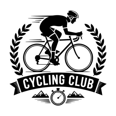 Bir yol bisikletçisinin stilize edilmiş siyah-beyaz grafiği, Laurel Dalları çerçeveli, altında kronometre ve dağlar olan bir yol bisikleti..