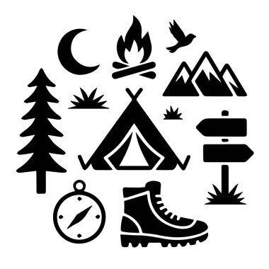 Kamp ve doğa elementlerini gösteren siyah siluet simgelerinin bir derlemesi dairesel bir düzende dizilmiş..