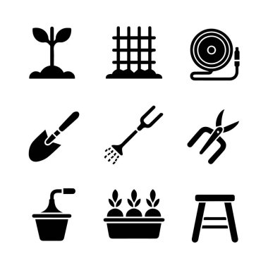 Dokuz siyah siluet simgesinden oluşan bir ızgara fidelerden alet ve aksesuarlara kadar çeşitli bahçe malzemelerini tasvir ediyor..