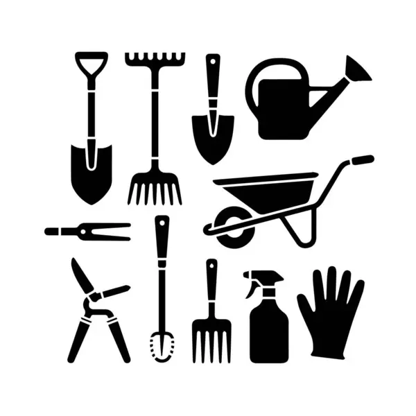 Kürek, tırmık, su kovası, el arabası, kuru erik ve eldiven gibi çeşitli bahçe aletlerinin grafik bir temsili..