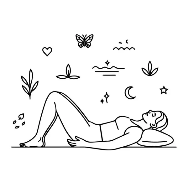 Etrafında çeşitli küçük doğa ve gök cisimleri yüzen, yaslanmış yoga pozu veren bir kadının el çizimi..