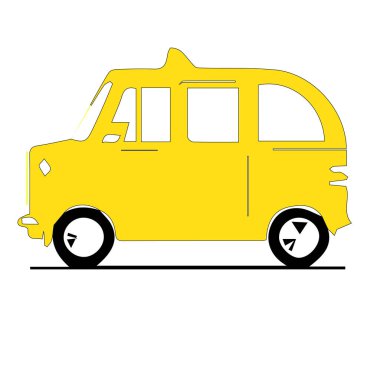 Tarzlı, parlak sarı bir taksi beyaz bir arka planda yan profilde tasvir edilir. Siyah tekerlekleri ve çatısında küçük sarı bir ışığı vardır..