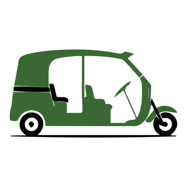 Aynı zamanda tuk-tuk olarak da bilinen stilize edilmiş yeşil bir çekçek, açık bir yolcu kompartımanı ve kumaş bir tepe örtüsüyle resmedilir..