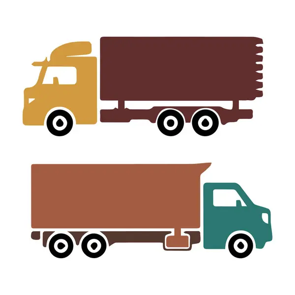 Biri sarı diğeri yeşil olmak üzere iki renkli kamyonun düz dizayn tarzında basit bir tasviri..