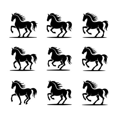 Dokuz siyah siluet vektör çiziminden oluşan bir ızgara atları dört nala koşan ve zıplayan pozlarda gösteriyor, güçlerini ve hareketlerini vurguluyor.