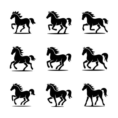 Dokuz siyah at siluetinden oluşan bir ızgara. Her biri dört nala giderken yakalanmış. Güçlü ve zarif at hareketlerinin farklı aşamalarını gösteriyor..