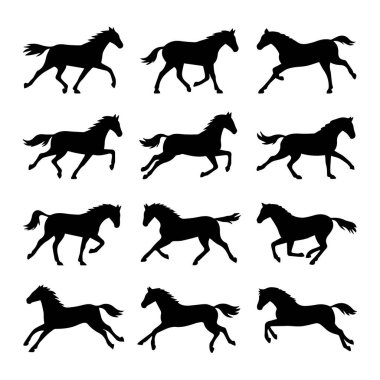 On iki siyah at siluetinden oluşan bir ızgara beyaz arka planda farklı koşma, dört nala koşma ve koşma pozları sergiliyor..