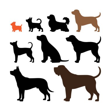 Farklı boyutlarda ve duruşlarda tasvir edilen, siluette tasvir edilen çeşitli köpek cinslerinin yer aldığı grafik bir çizim..