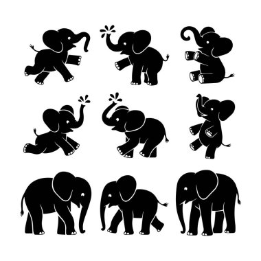Bebeklerden yetişkinlere kadar çeşitli eğlenceli ve görkemli pozlar veren bir dizi siyah fil silueti..